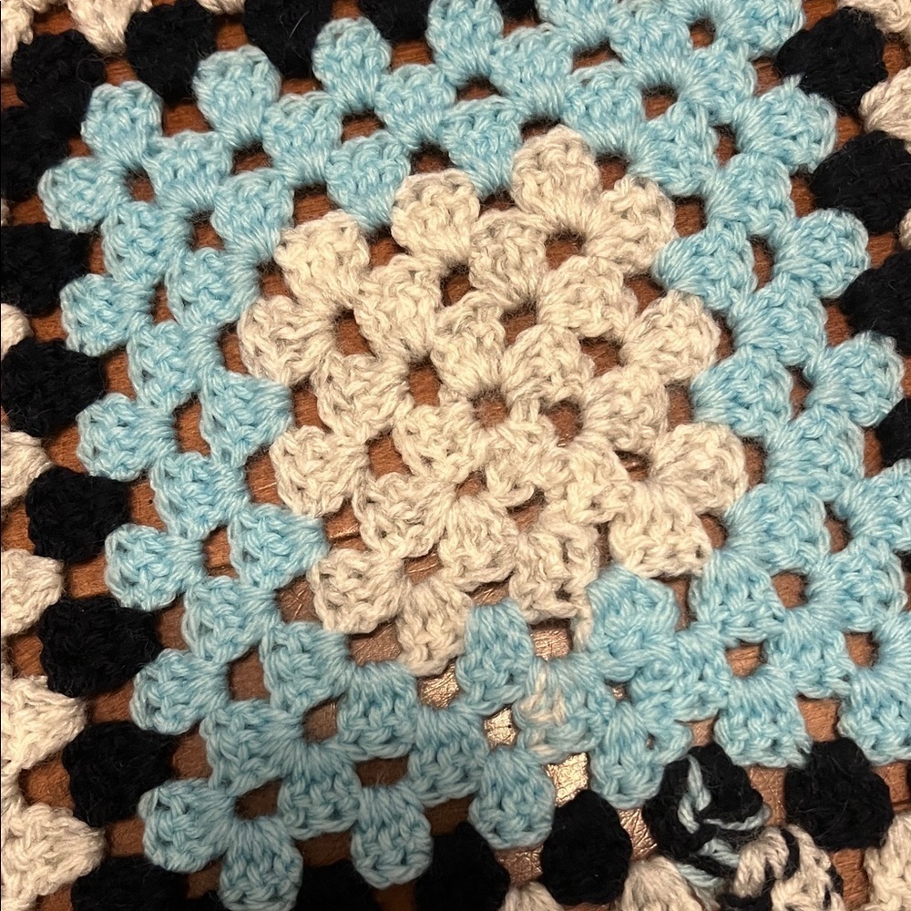 Handmade Crochet Blanket in Blue, Black, and White